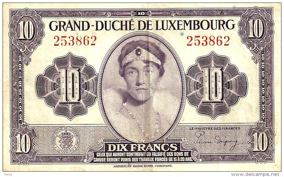 LUXEMBOURG 10 FRANCS BLACK WOMAN HEAD FRONT & ARMS NO LETTER IN SN TYPE BACK ND(1944) VF P44 READ DESCRIPTION!! - Luxemburgo