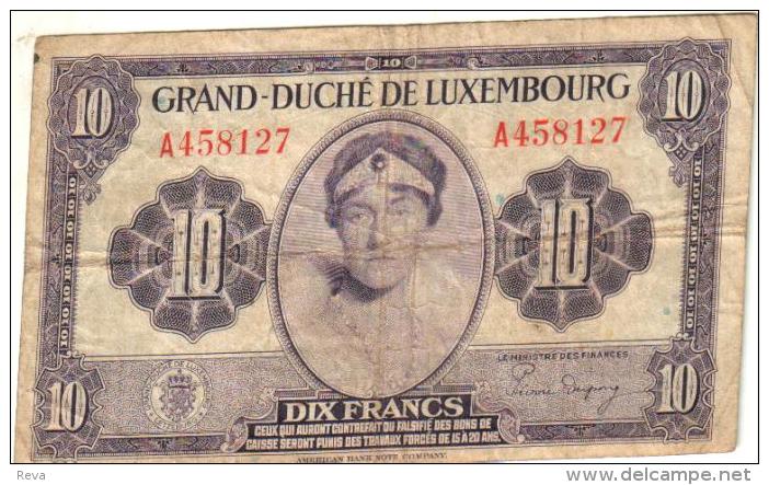 LUXEMBOURG 10 FRANCS BLACK WOMAN HEAD FRONT & ARMS NO LETTER IN SN TYPE BACK ND(1944) VF P44 READ DESCRIPTION!! - Lussemburgo