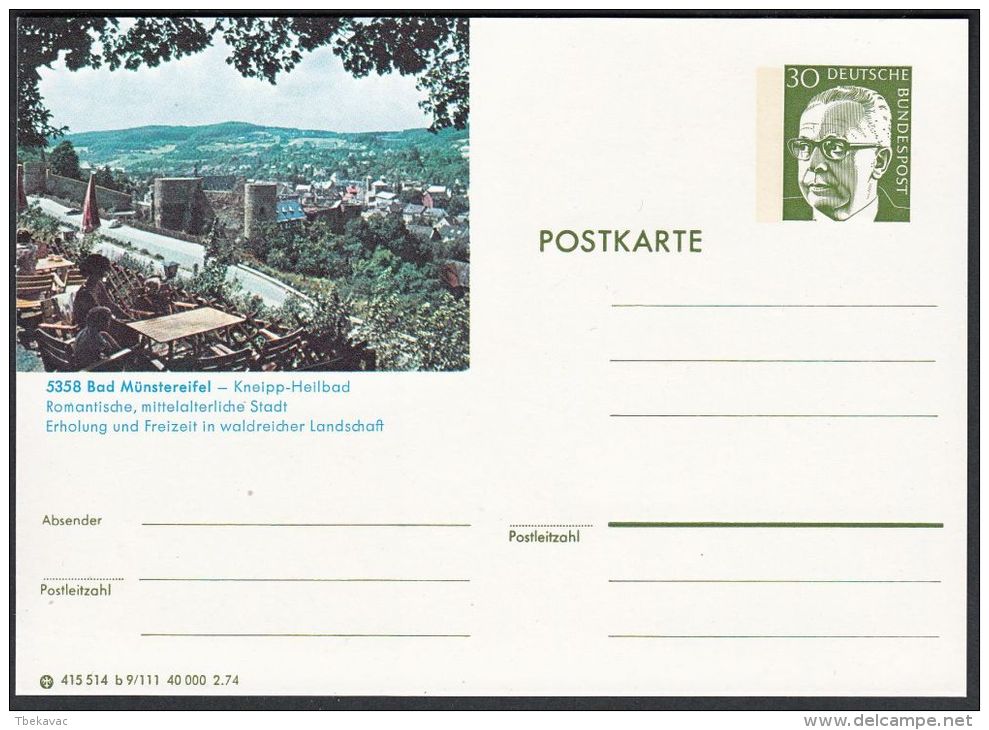 Germany 1974, Illustrated Postal Stationery "Bad Munstereifel", Ref.bbzg - Illustrated Postcards - Mint