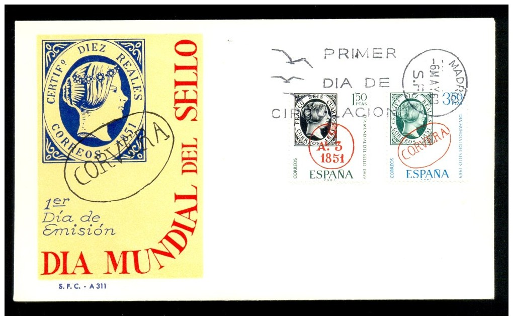 SPAIN ESPANA FDC 1969 * DAY OF THE STAMP * STAMP ON STAMP - FDC