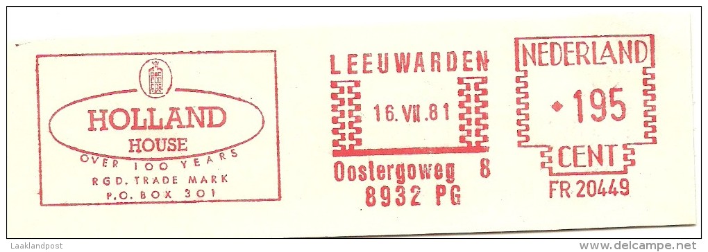 Netherlands Nice Cut Meter Holland House Over 100 Years, Leeuwarden 16-7-1981 - Frankeermachines (EMA)