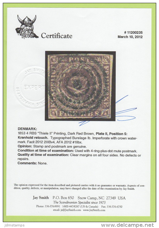 DEN SC #2  1853 4 RBS "Thiele II" Prtg, "Kranhold Retouch" 4 Margins, Facit 2012 2IIIBv4 W/cert, CV ~600.00 - Used Stamps