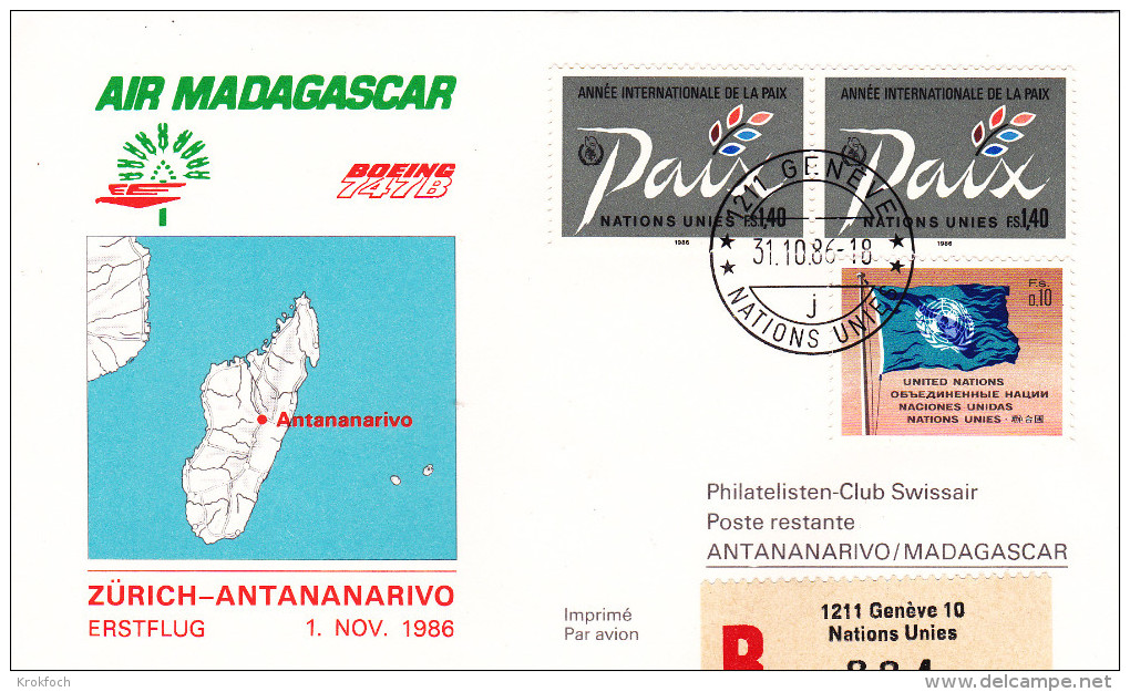 Genève ONU UNO  Antananarivo Madagascar 1983 - 1er Vol First Flight - Erstflug - Boeing 747 - - Premiers Vols