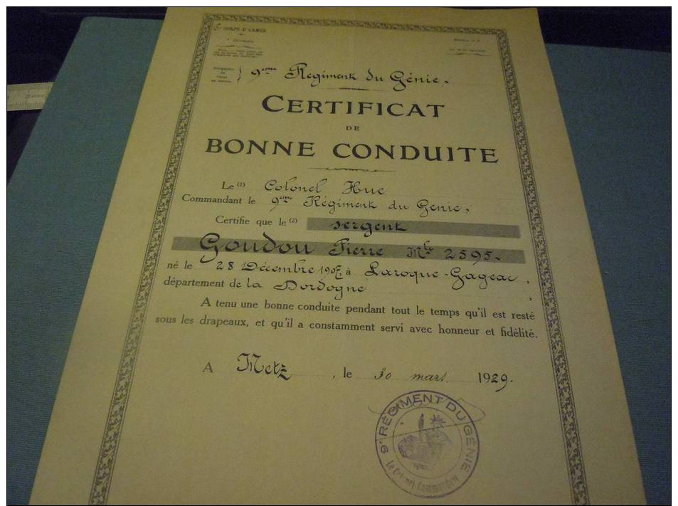 2416 B,  Certificat De Bonne Conduite, 9e Régiment Du Génie, 30-3-1929 Avec Cachet Du Bataillon - Documents Historiques