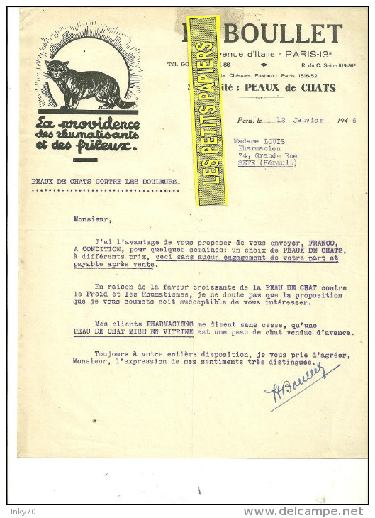 75 - Paris - PARIS-13e - Facture BOULLET - Spécialité : Peaux De Chats – 1946 - REF 116 - 1900 – 1949