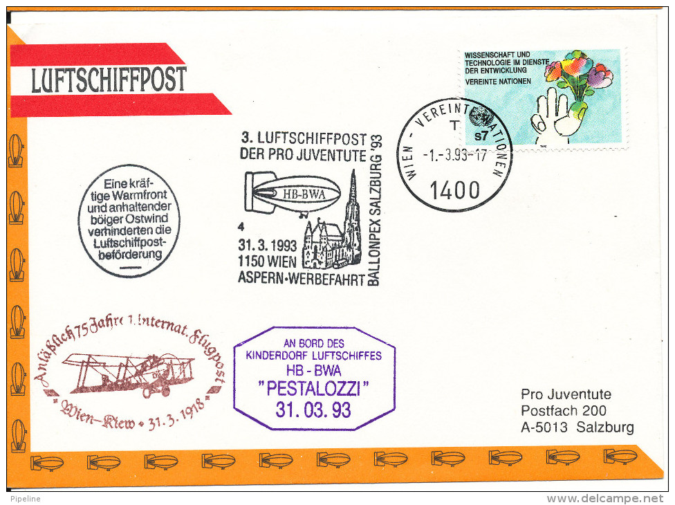 Austria UN Vienna AIRSHIP MAIL Pro Juventute Number 3  Wien 31-3-1993 With More Postmarks - Gemeinschaftsausgaben New York/Genf/Wien