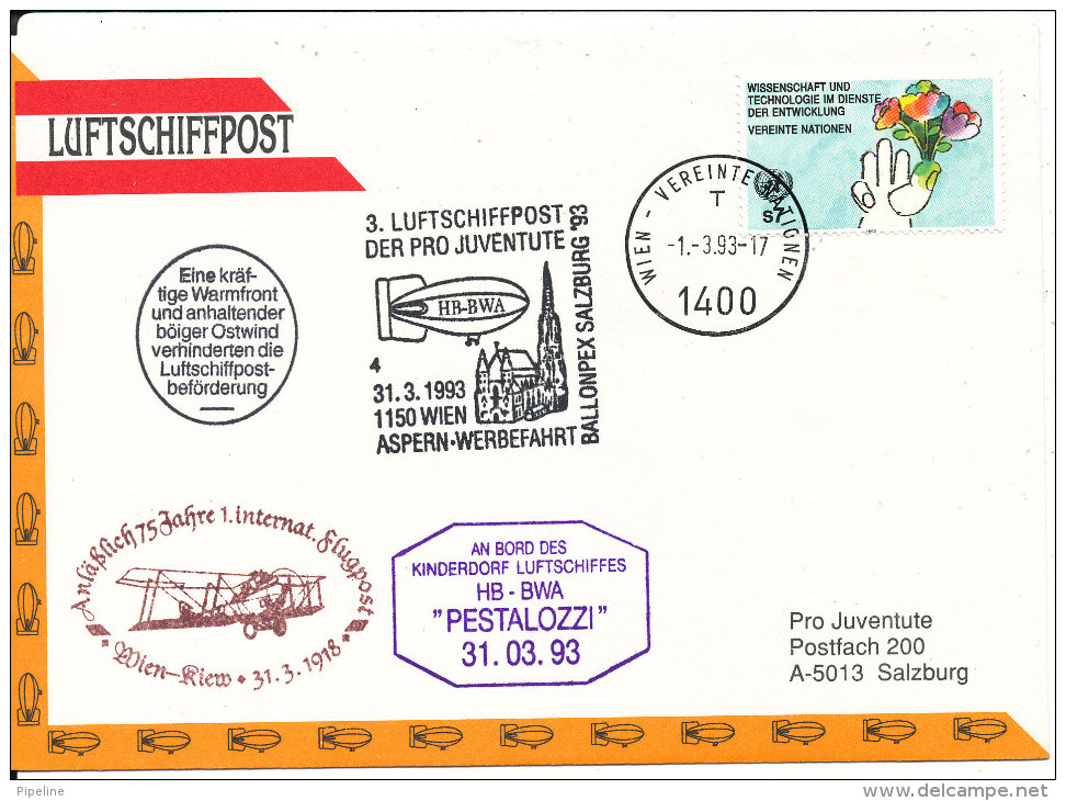 Austria UN Vienna AIRSHIP MAIL Pro Juventute Number 3  Wien 31-3-1993 With More Postmarks - Emisiones Comunes New York/Ginebra/Vienna