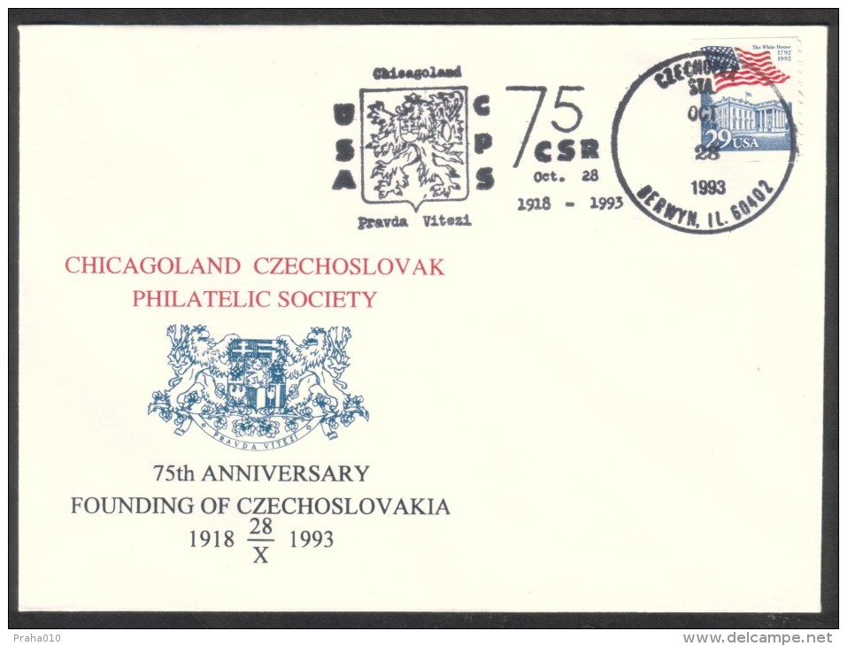 C00078 - USA (1993) Berwyn, IL.: 75th Anniversary Founding Of Czechoslovakia, 28.X. 1918-1993 (commemorative Postmark) - Guerre Mondiale (Première)
