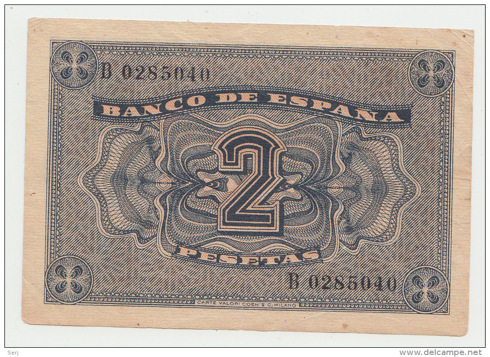 SPAIN 2 PESETAS 1938 VF+ Pick 109 - 1-2 Pesetas