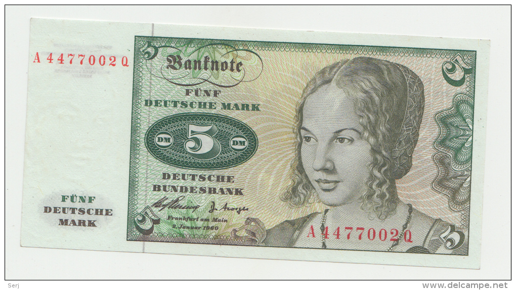 GERMANY 5 MARK 1960 AUNC Pick 18 - 5 Deutsche Mark