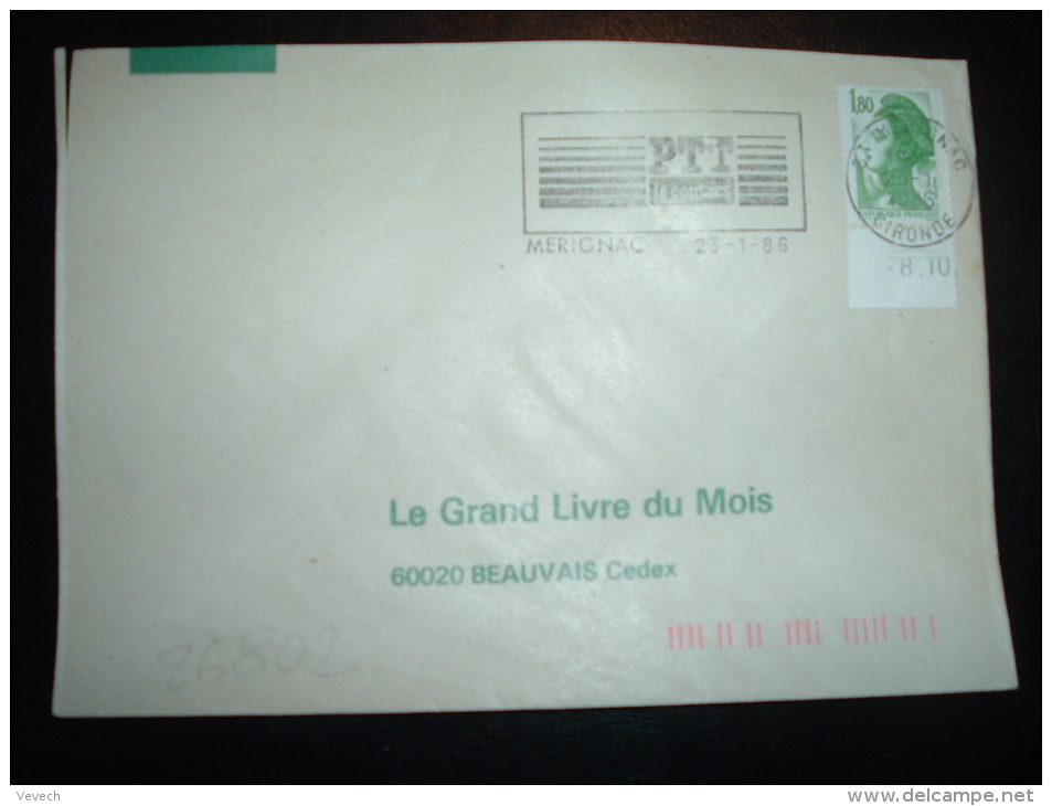 LETTRE TP LIBERTE DE GANDON 1,80F BORD DATE 8.10 OBL.MEC. 23-1-1986 MERIGNAC (33 GIRONDE) - 1982-1990 Liberté (Gandon)