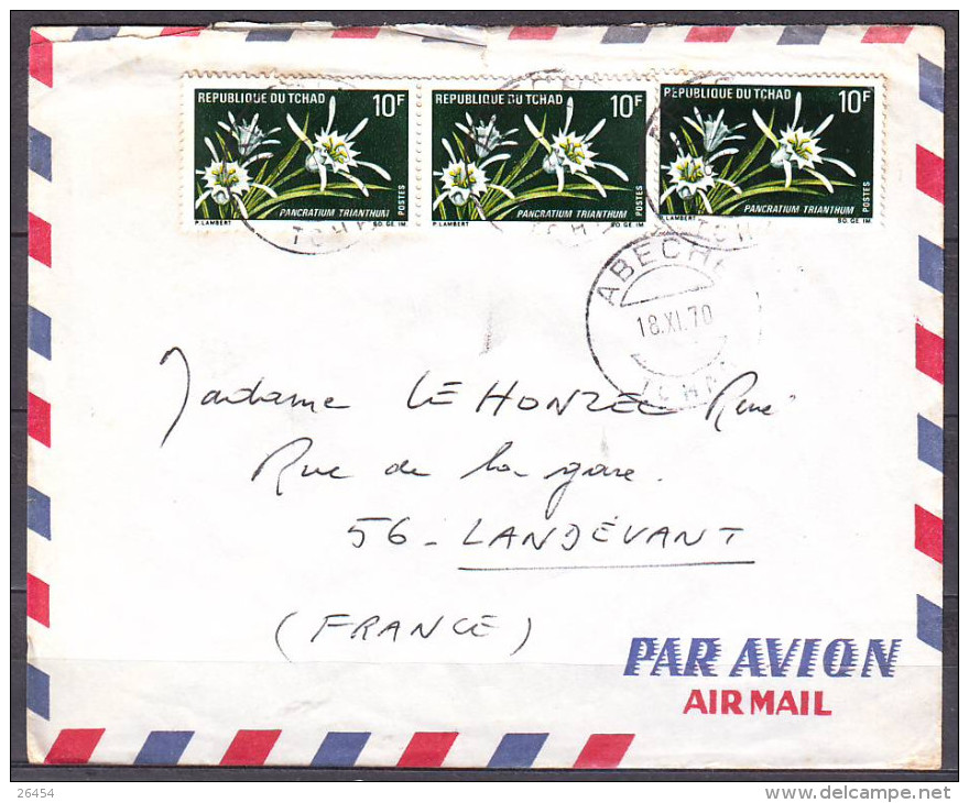 Lettre Cachet  ABECHE  Tchad  Le 18 XI 1970  Pour 56  LANDEVANT   Affranchie Avec 3 Timbres Identiques PAR AVION - Tchad (1960-...)