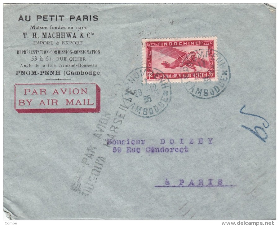 1935 LETTRE CAMBODGE PNOM-PENH. EN BLEU.  " PAR AVION JUSQU’À  MARSEILLE" /2818 - Poste Aérienne