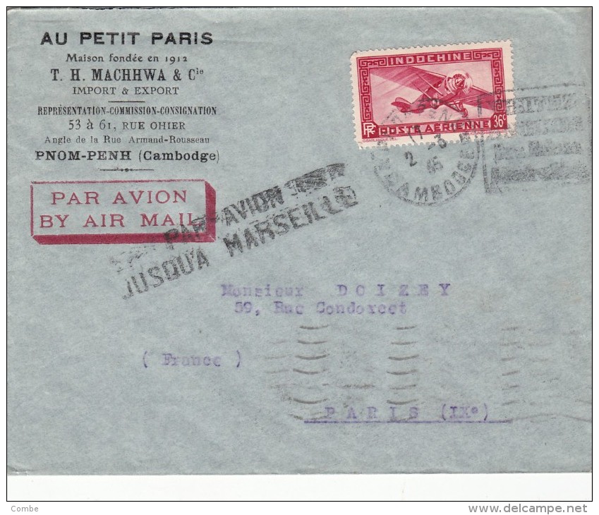1935 LETTRE CAMBODGE PNOM-PENH. EN NOIR.  " PAR AVION JUSQU’À  MARSEILLE" . DAGUIN ANGKOR /2818 - Luchtpost