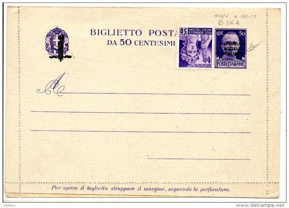 1944 ITALIA REPUBBLICA SOCIALE BIGLIETTO POSTALE "FASCETTO" C. 50 SOPR. A MANO ** - Stamped Stationery