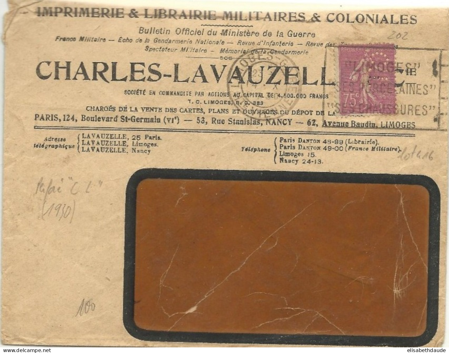 SEMEUSES - 1930 - PERFORE De CHARLES LAVAUZELLE ENVELOPPE De LIMOGES Pour AGEN - Covers & Documents