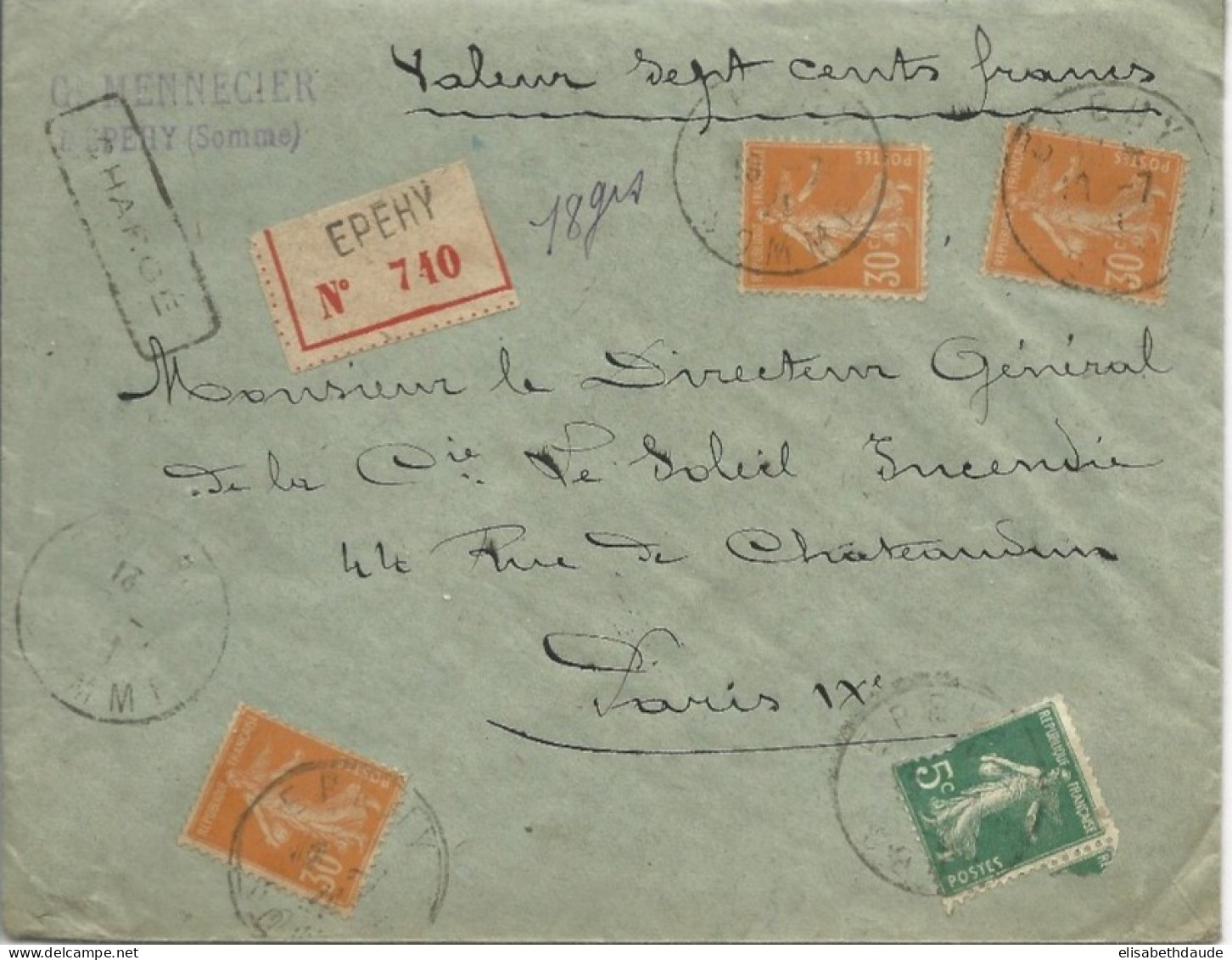 SEMEUSES - 1927 - ENVELOPPE CHARGEE De EPEHY (SOMME) - 1906-38 Sower - Cameo