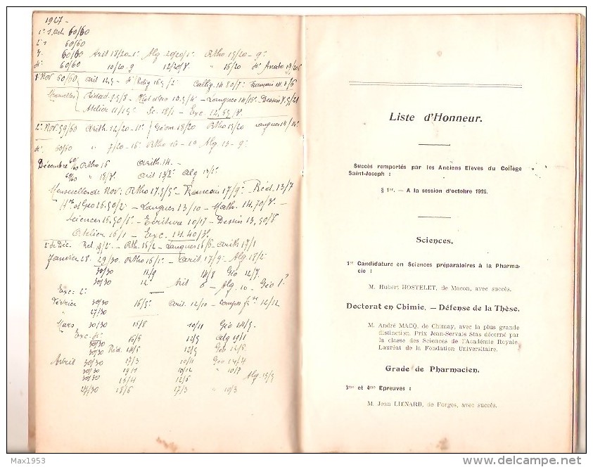 Collège Episcopal De Saint-Joseph Chimay - Palmarès D'Excellence - Année Solaire 1926-1927 - Diplomi E Pagelle