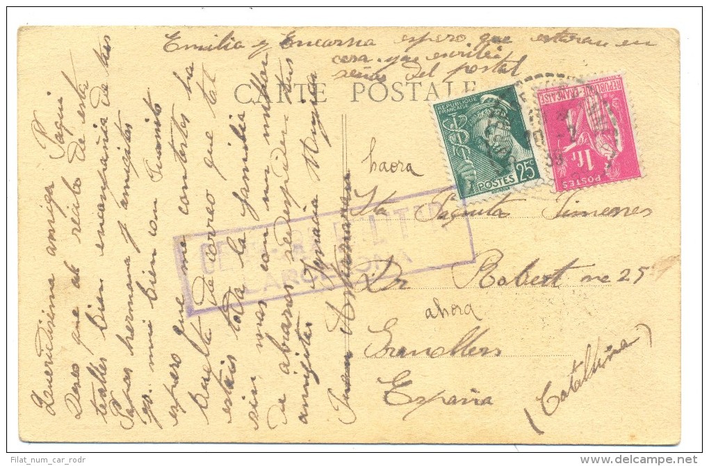 CARTA POSTAL CENSURA MILITAR MATº BARCELONA MATº BARRE DES CEVENNES (LOZERE) - Nationalists Censor Marks