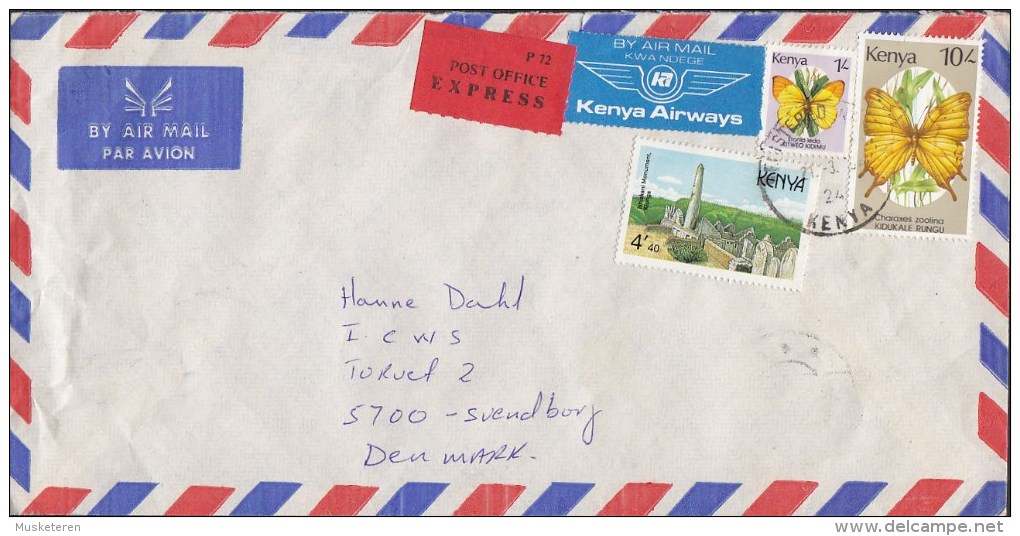 Kenya Airmail KANYA AIRWAYS & EXPRESS Labels NAIROBI 1989 Cover Brief To Denmark Butterflly Schmetterling Papillon - Kenia (1963-...)