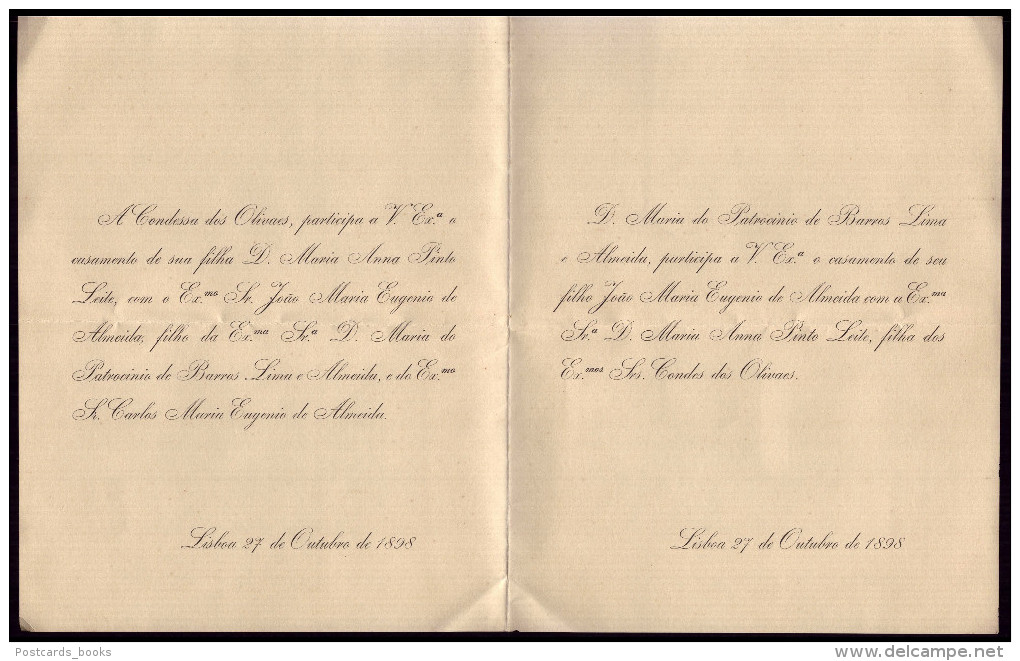 1898 Convite Casamento Filha CONDES Dos OLIVAES (Pinto Leite) / CONDE DE ARGE (Eugenio De Almeida) Embaixador Inglaterra - Compromiso