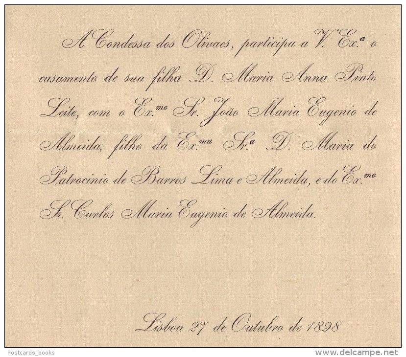 1898 Convite Casamento Filha CONDES Dos OLIVAES (Pinto Leite) / CONDE DE ARGE (Eugenio De Almeida) Embaixador Inglaterra - Engagement