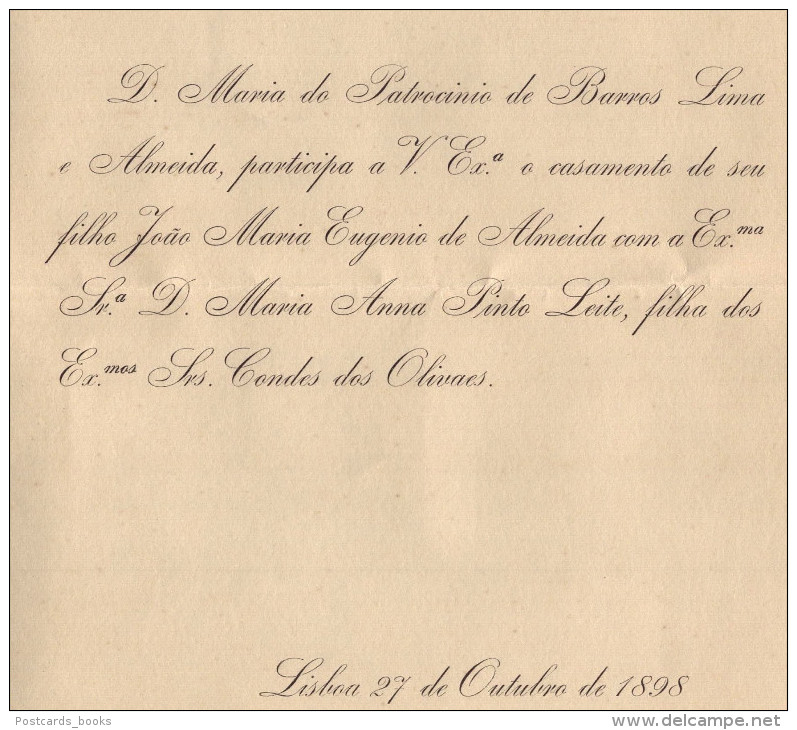 1898 Convite Casamento Filha CONDES Dos OLIVAES (Pinto Leite) / CONDE DE ARGE (Eugenio De Almeida) Embaixador Inglaterra - Engagement