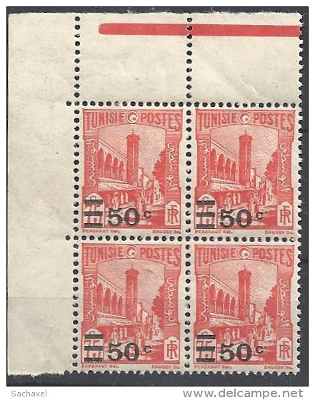 1928 Tunisie N° 158 Nf** . Bloc De 4 Coin De Feuille. - Ungebraucht