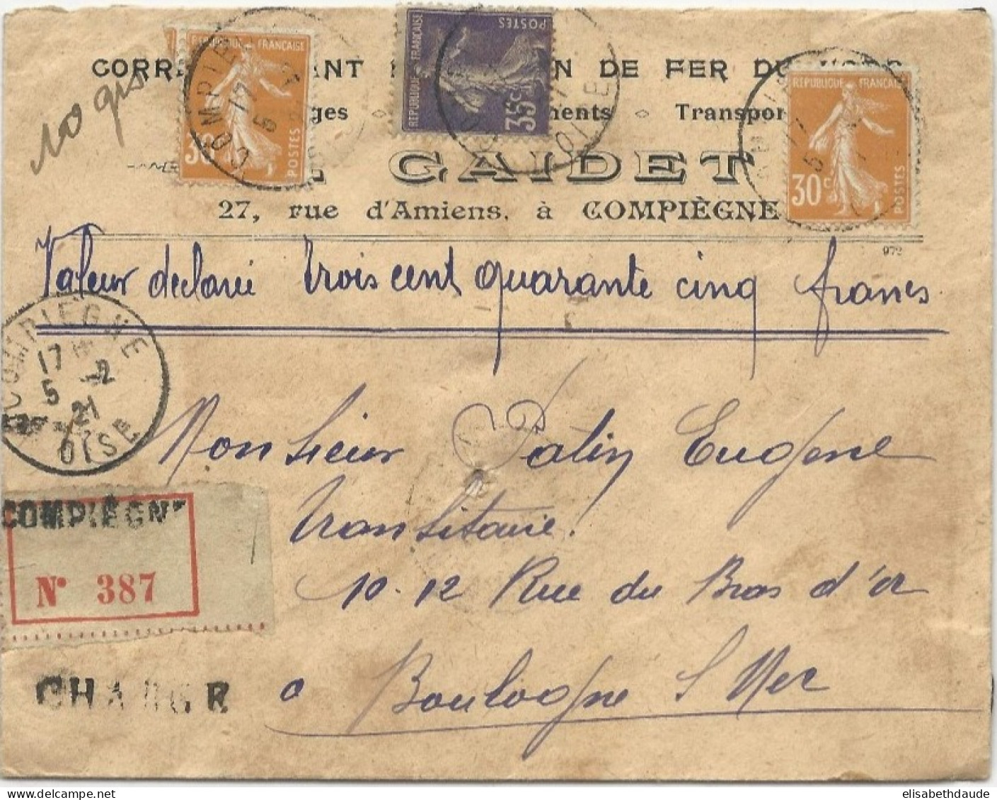 SEMEUSES - 1921 - ENVELOPPE CHARGEE De COMPIEGNE (OISE) - 1906-38 Semeuse Camée