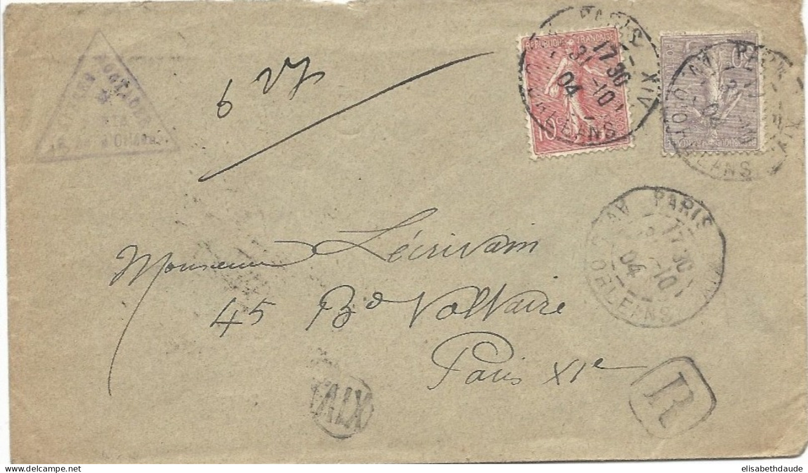 SEMEUSES -1904 - ENVELOPPE RECOMMANDEE De COLLIGIS (AISNE) - 1903-60 Semeuse A Righe