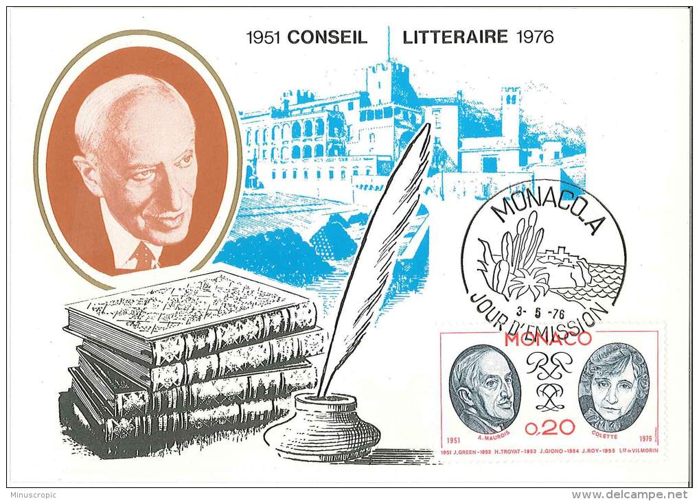 CM Monaco - 25ème Anniversaire Du Conseil Littéraire De Monaco - P Maurois - 1976 - Maximum Cards