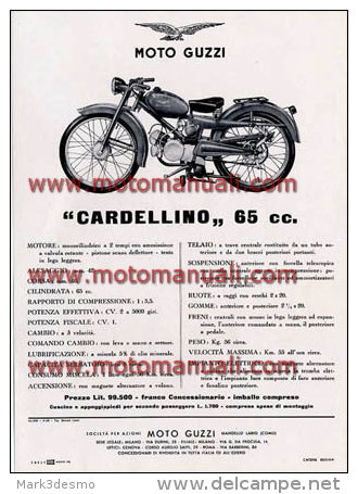 Moto Guzzi CARDELLINO 65 1956 Depliant Originale Genuine Brochure Prospekt - Motores