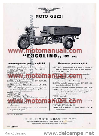 Moto Guzzi ERCOLINO 192 Motocarro 1955 Depliant Originale Genuine Brochure Prospekt - Motori