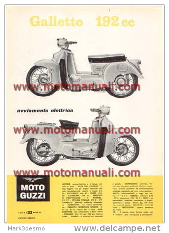 Moto Guzzi GALLETTO 192 AVVIAMENTO ELETTRICO 1961 Scooter Depliant Originale Genuine Brochure Prospekt - Motores