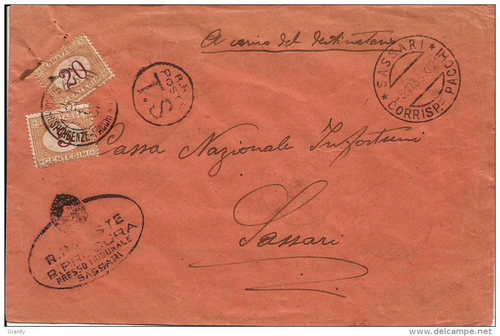 REGNO SEGNATASSE 20 + 5 C 1933 SASSARI BUSTA RICICLATA NON COMUNE - Postage Due