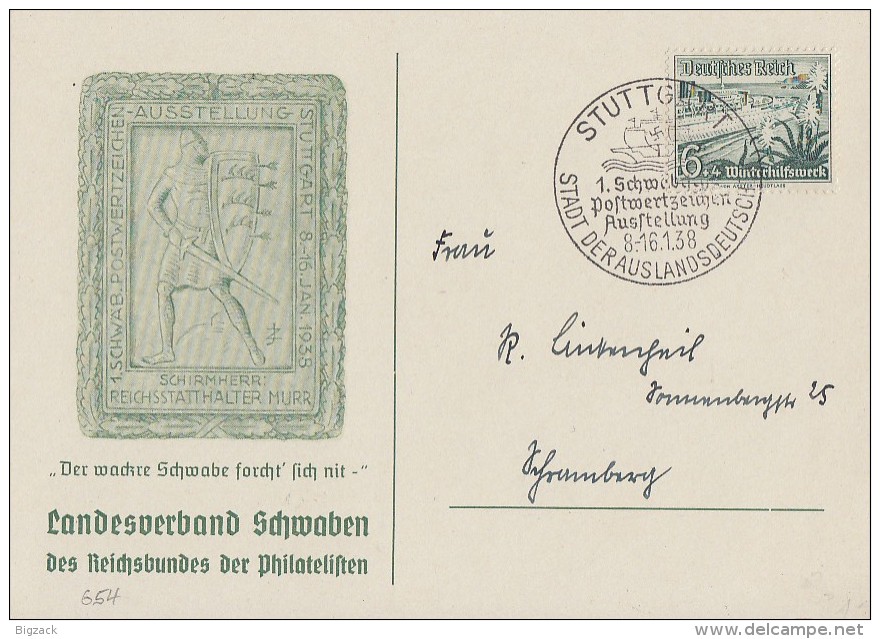 DR Sonderkarte EF Minr.654 Stuttgart 8--16.1.38 SST - Briefe U. Dokumente