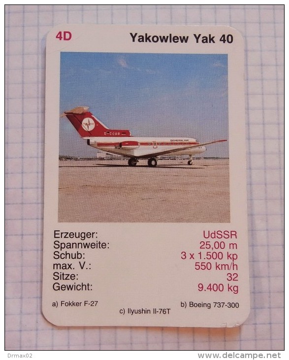 YAKOWLEW Yak 40  - GENERAL Air Force DDR, Air Lines, Airlines, Plane Avio SSSR (USSR RUSSIA) Soviet Airlines - Playing Cards