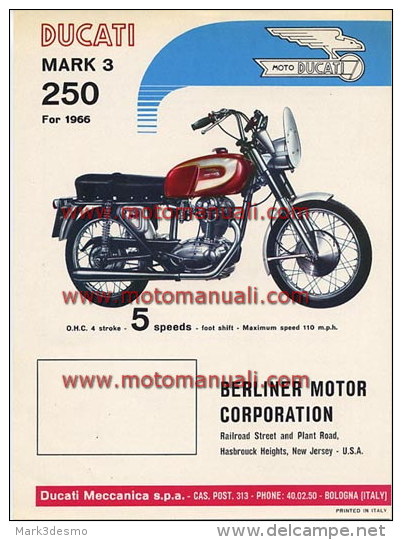 Ducati 250 MARK 3 1966 Depliant Originale Factory Original Brochure - Motori