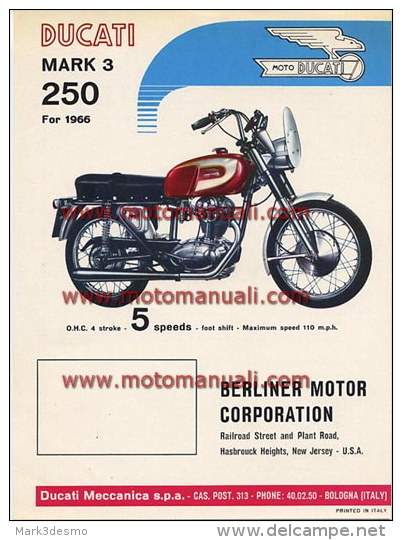 Ducati 250 MARK 3 1966 Depliant Originale Factory Original Brochure - Engines