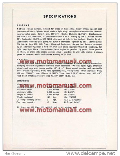 Ducati 250 MONZA 5V 1965 Depliant Originale Factory Original Brochure - Engines