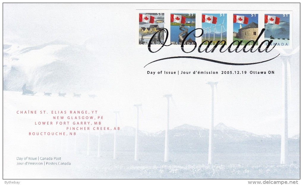 Canada FDC Scott #2135-#2139 51c Flag, New Glasgow PEI, Bouctouche NB, Pincher Creek AB, Lower Fort Garry MB, Dogsled YK - 2001-2010