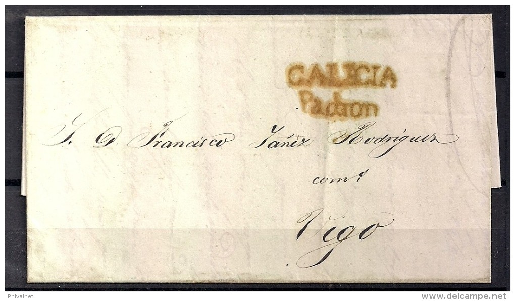 1847 CARTA  PREFILATÉLICA  MARCA  " GALICIA / PADRON" EN ROJO, CIRCULADA A VIGO, BAEZA COMO LLEGADA AL DORSO - ...-1850 Préphilatélie