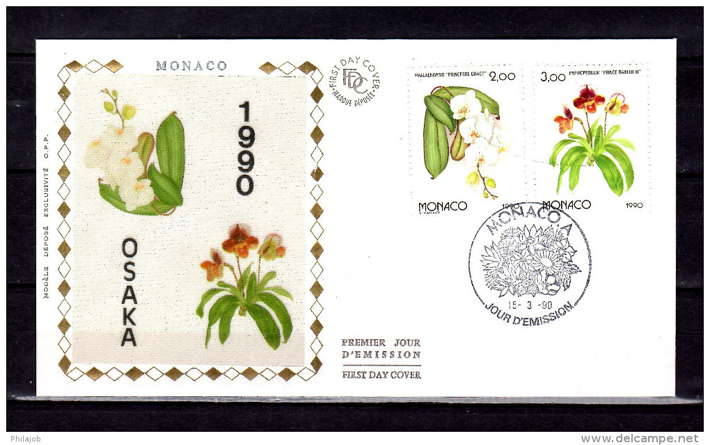 MONACO FDC En Soie De 1990 " OSAKA 90 : ORCHIDEES PRINCESSE GRACE / PRINCE RAINIER III " N° YT 1710 1711. Parfait état. - Orchidées