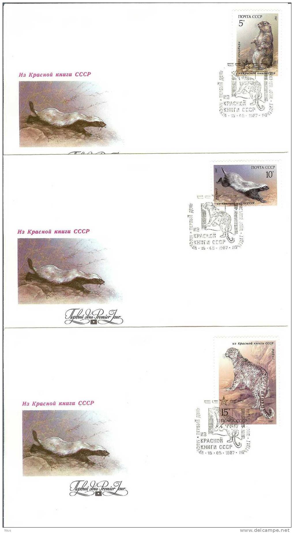 Russia USSR 1987 FDC X3 Red Book Fauna Snow Leopard Ratel Menzbir´s Marmot - FDC