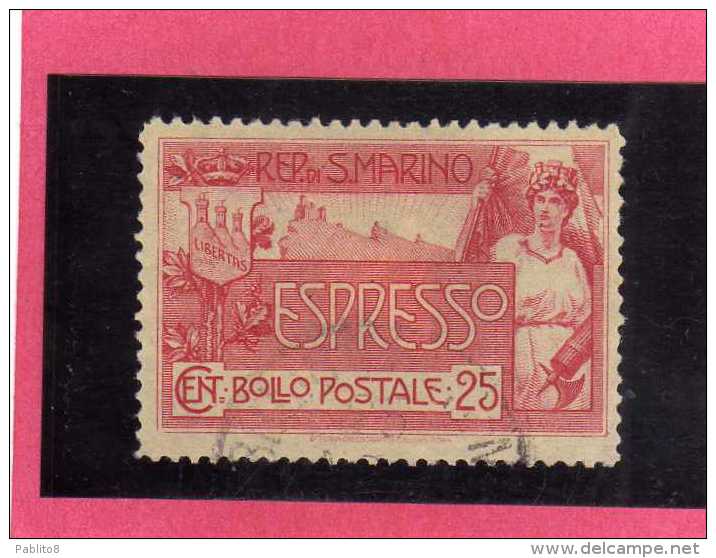 SAN MARINO 1907 ESPRESSI ALLEGORIA E VEDUTA ALLEGORY & VIEW SPECIAL DELIVERY ESPRESSO LIRE 25 TIMBRATO USED - Francobolli Per Espresso