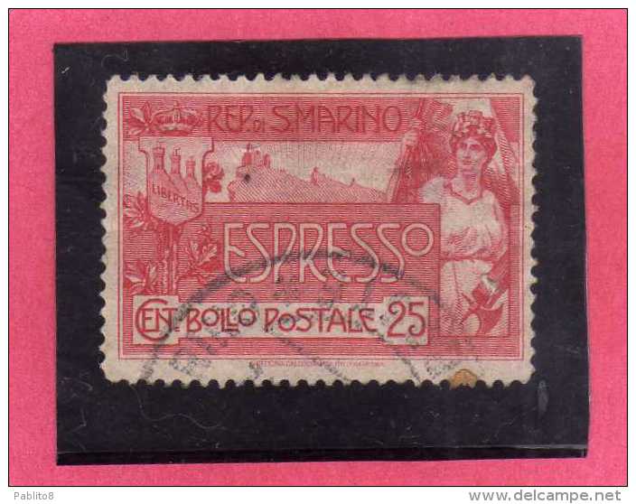 SAN MARINO 1907 ESPRESSI ALLEGORIA E VEDUTA ALLEGORY & VIEW SPECIAL DELIVERY ESPRESSO LIRE 25 TIMBRATO USED - Express Letter Stamps