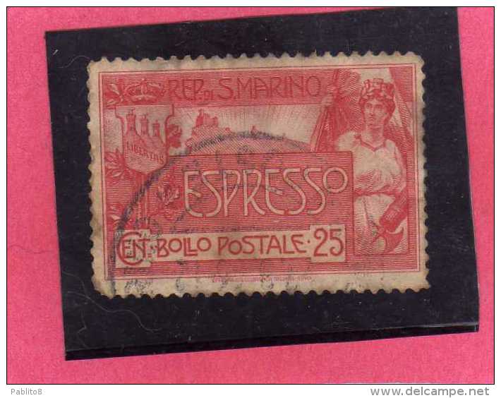 SAN MARINO 1907 ESPRESSI ALLEGORIA E VEDUTA ALLEGORY & VIEW SPECIAL DELIVERY ESPRESSO LIRE 25 TIMBRATO USED - Francobolli Per Espresso