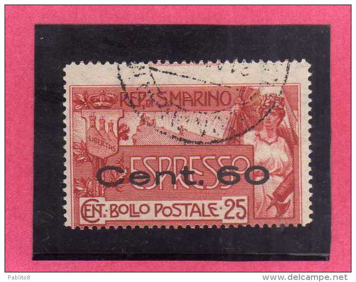 SAN MARINO 1923 ESPRESSI NUOVA TIRATURA ESPRESSO SPECIAL DELIVERY 1907 SOPRASTAMPATO SURCHARGED CENT 60 SU 25 USATO USED - Francobolli Per Espresso