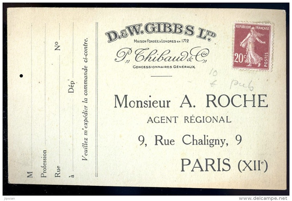 Cpa Publicitaire Maison D.EW. Gibbs Ltd  Mr Roche Agent Régional Paris 12ème      AO4 - Publicité