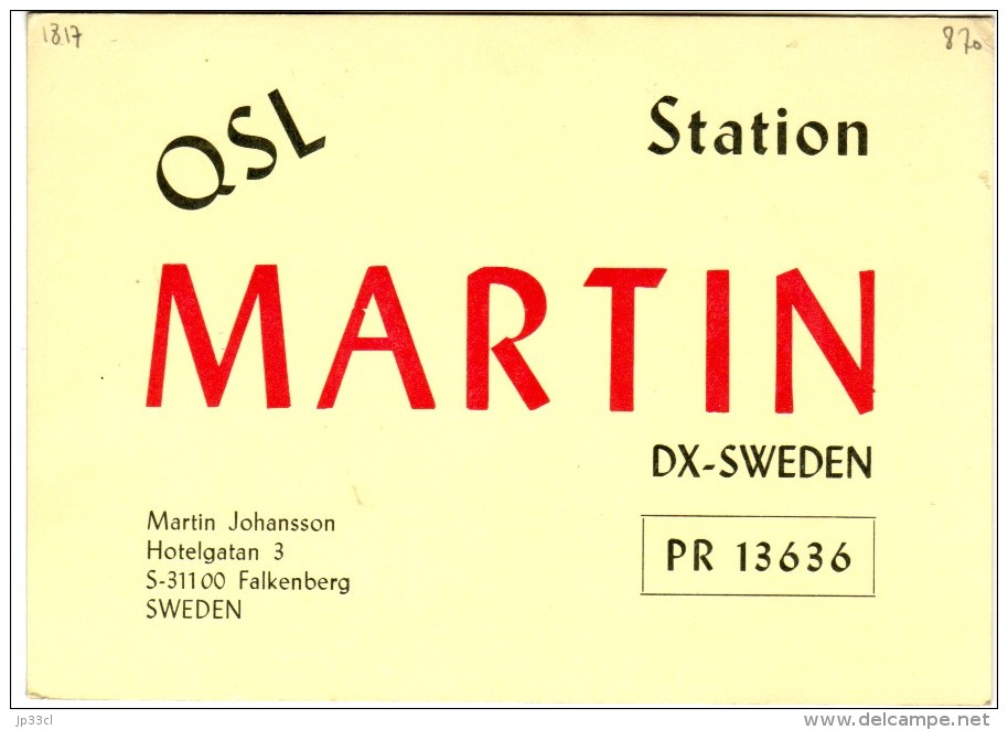 Very Old QSL Card From Martin Johansson, Hotelgatan, Falkenberg, Sweden (PR 13636) - Year 1970 - CB-Funk